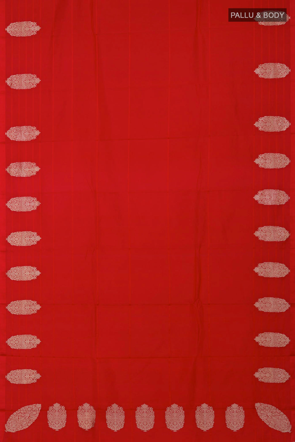 Flat view of Red Banarasi Katan Silk Saree with Plain Body and Fancy Border. 