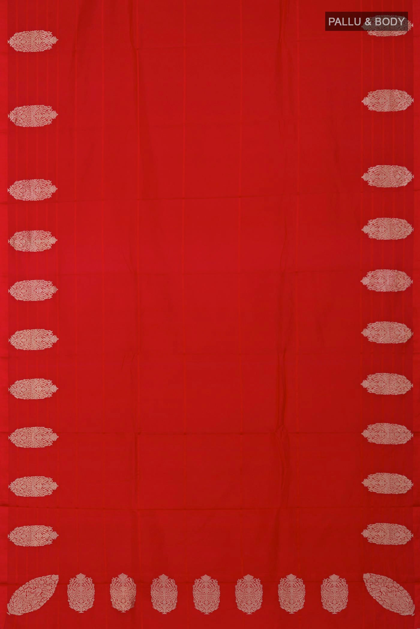 Flat view of Red Banarasi Katan Silk Saree with Plain Body and Fancy Border. 