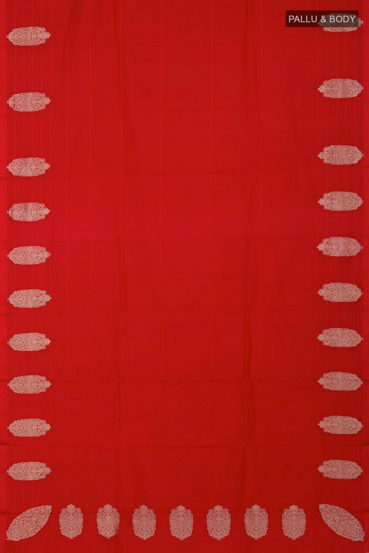Flat view of Red Banarasi Katan Silk Saree with Plain Body and Fancy Border. 