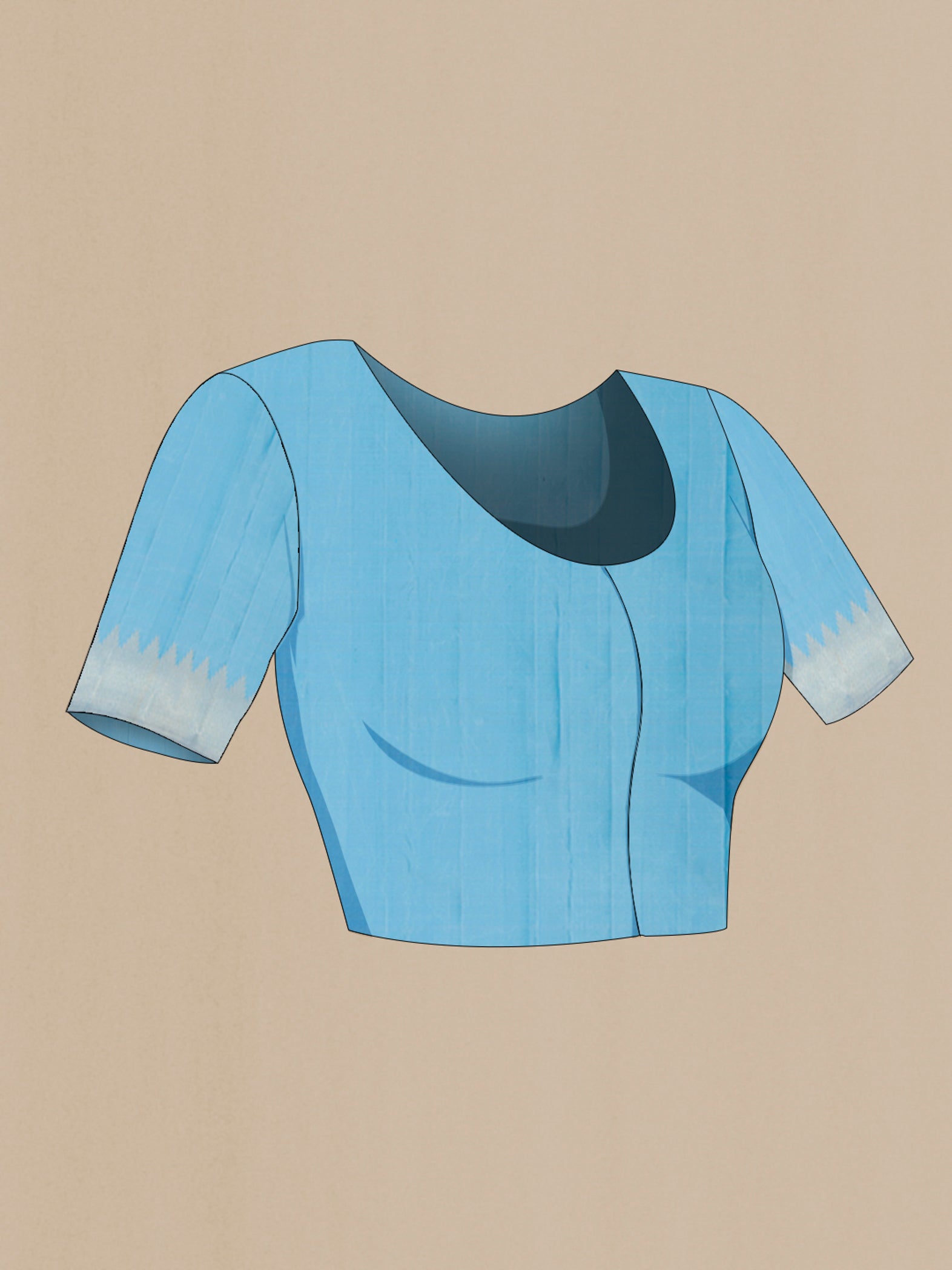 Close up image of the blouse of Sky Blue Kanchipuram Silk Saree with Zari Brocade on the body and Temple Border. 