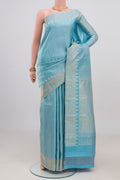 Sky Blue Kanchipuram Silk Saree with Zari Brocade on the body and Temple Border.  displayed on a mannequin