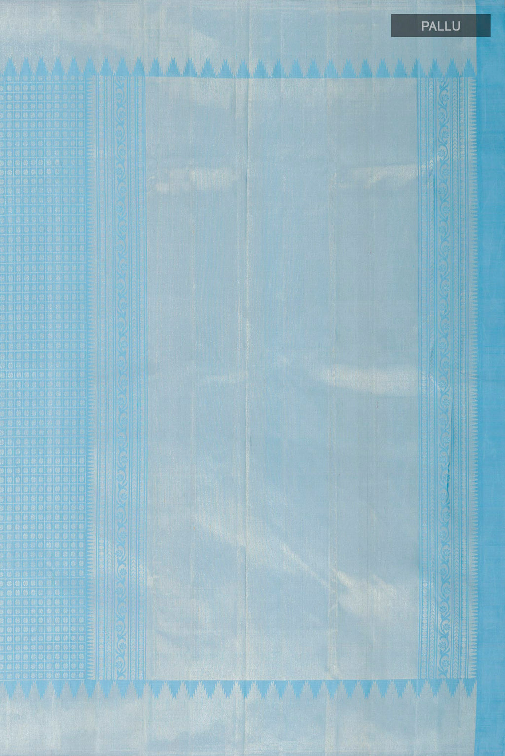 Close up image of the pallu of Sky Blue Kanchipuram Silk Saree with Zari Brocade on the body and Temple Border. 