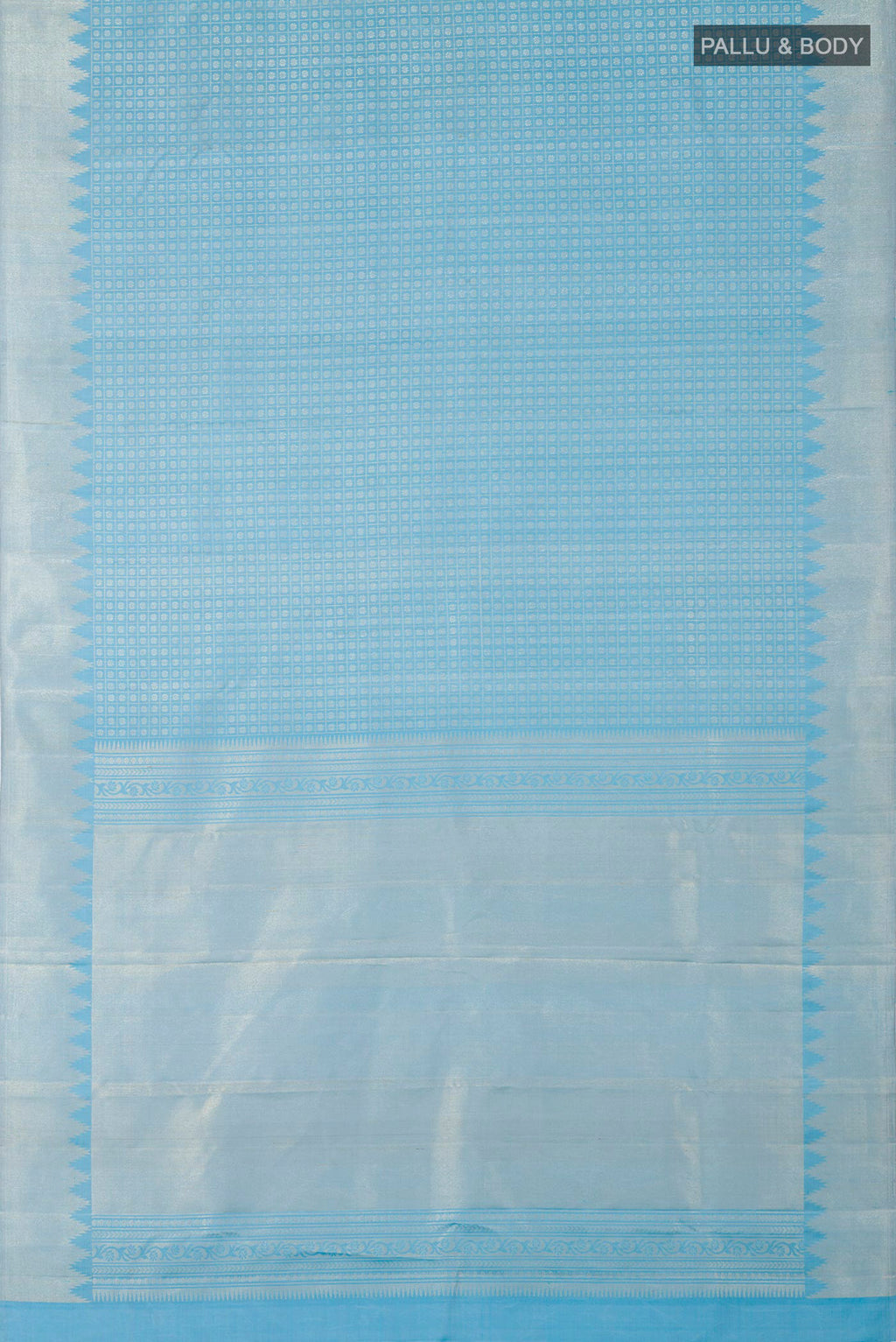 Flat view of Sky Blue Kanchipuram Silk Saree with Zari Brocade on the body and Temple Border. 