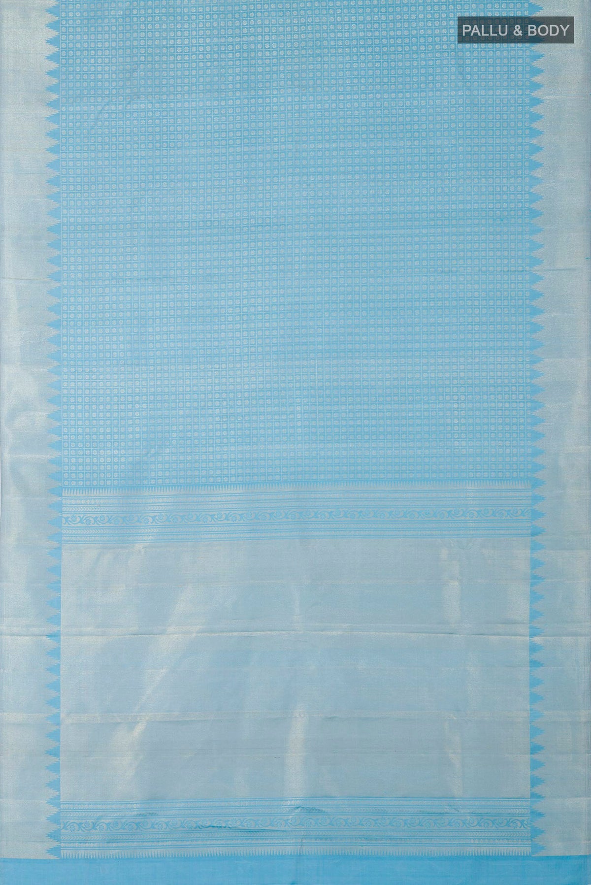 Flat view of Sky Blue Kanchipuram Silk Saree with Zari Brocade on the body and Temple Border. 