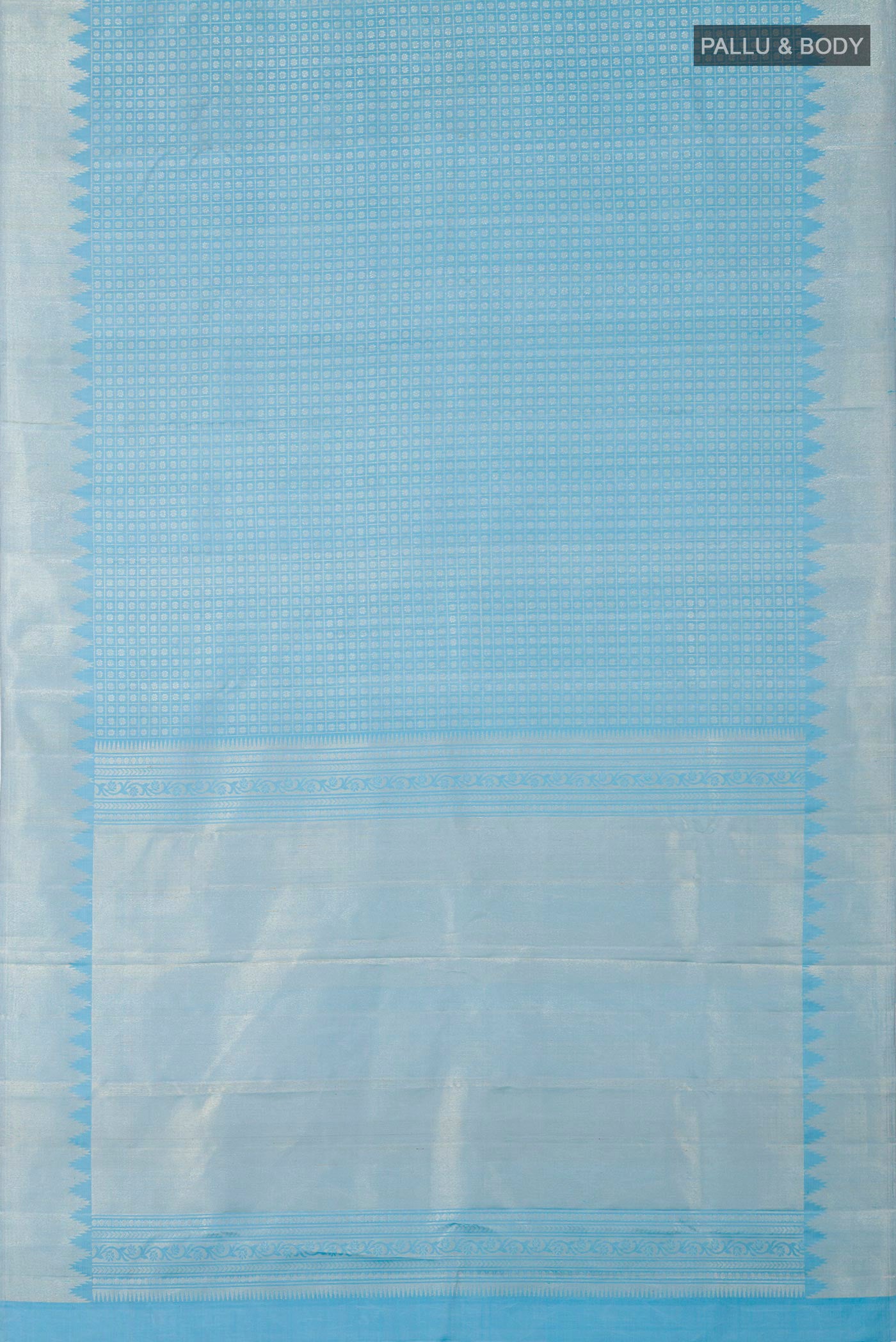 Flat view of Sky Blue Kanchipuram Silk Saree with Zari Brocade on the body and Temple Border. 