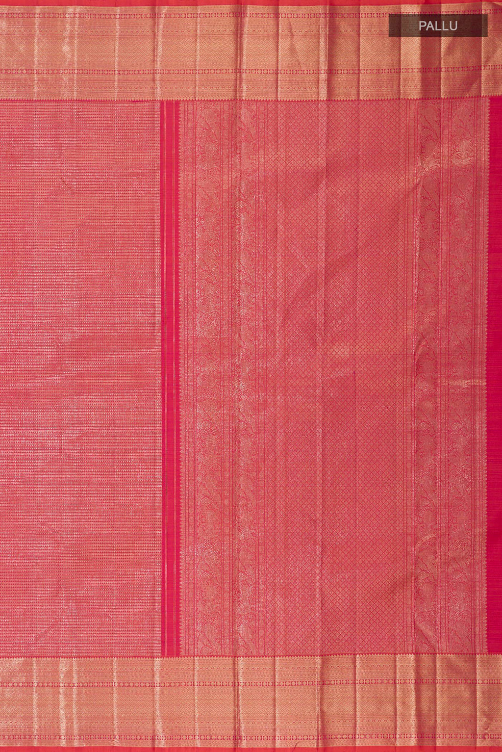 Close up image of the pallu of Pink Kanchipuram Silk Saree with Zari Brocade on the body and Zari Border. 