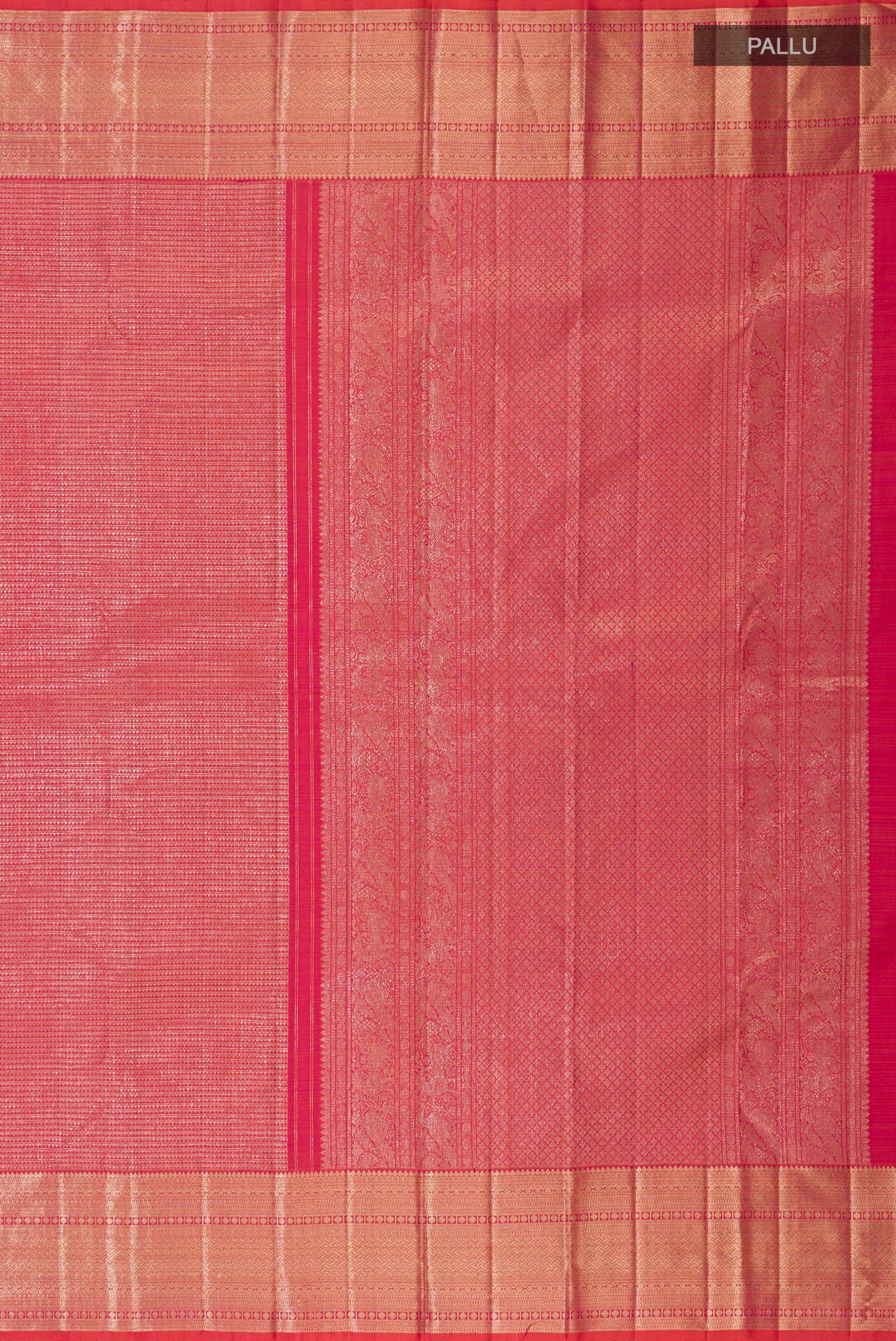 Close up image of the pallu of Pink Kanchipuram Silk Saree with Zari Brocade on the body and Zari Border. 