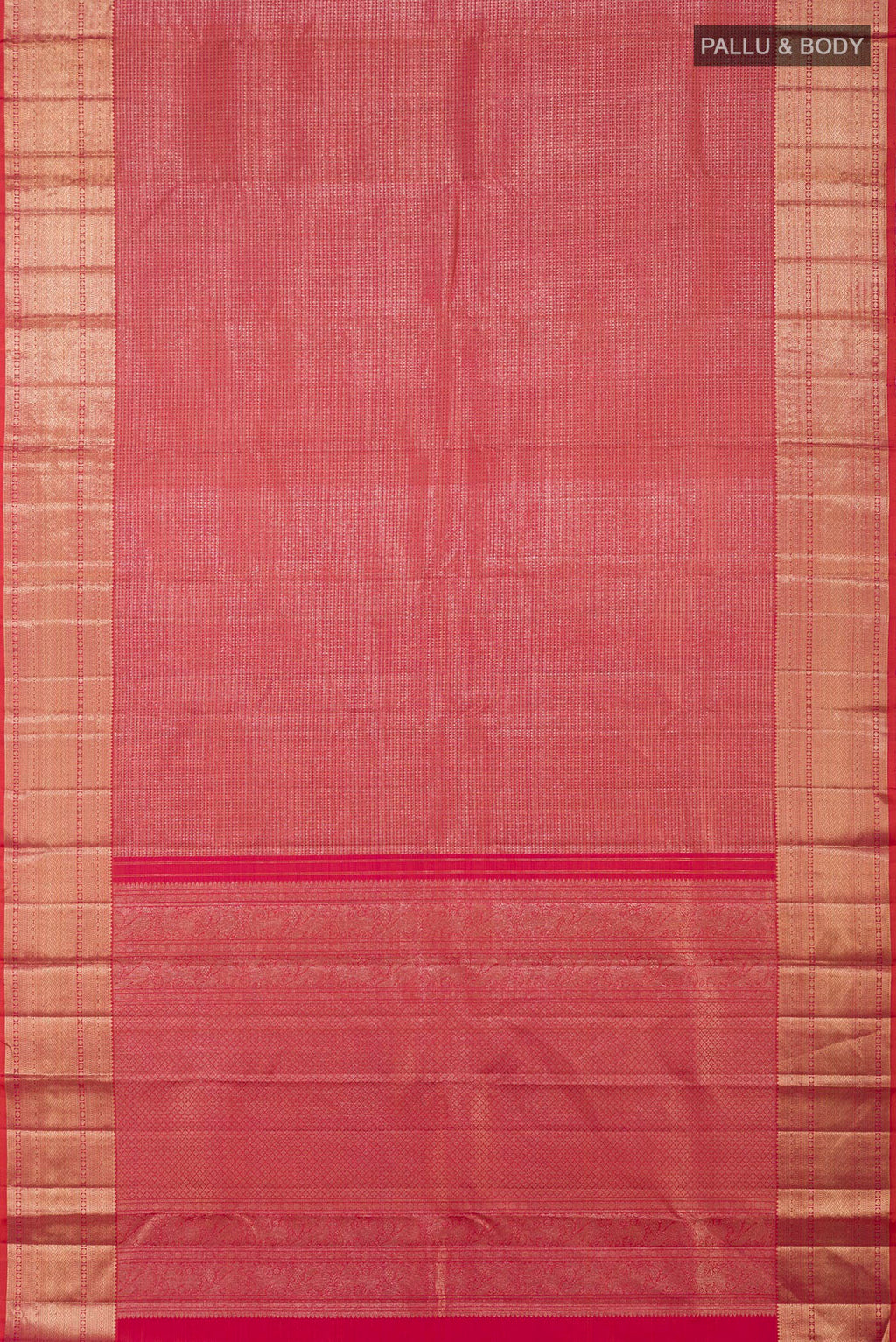 Flat view of Pink Kanchipuram Silk Saree with Zari Brocade on the body and Zari Border. 