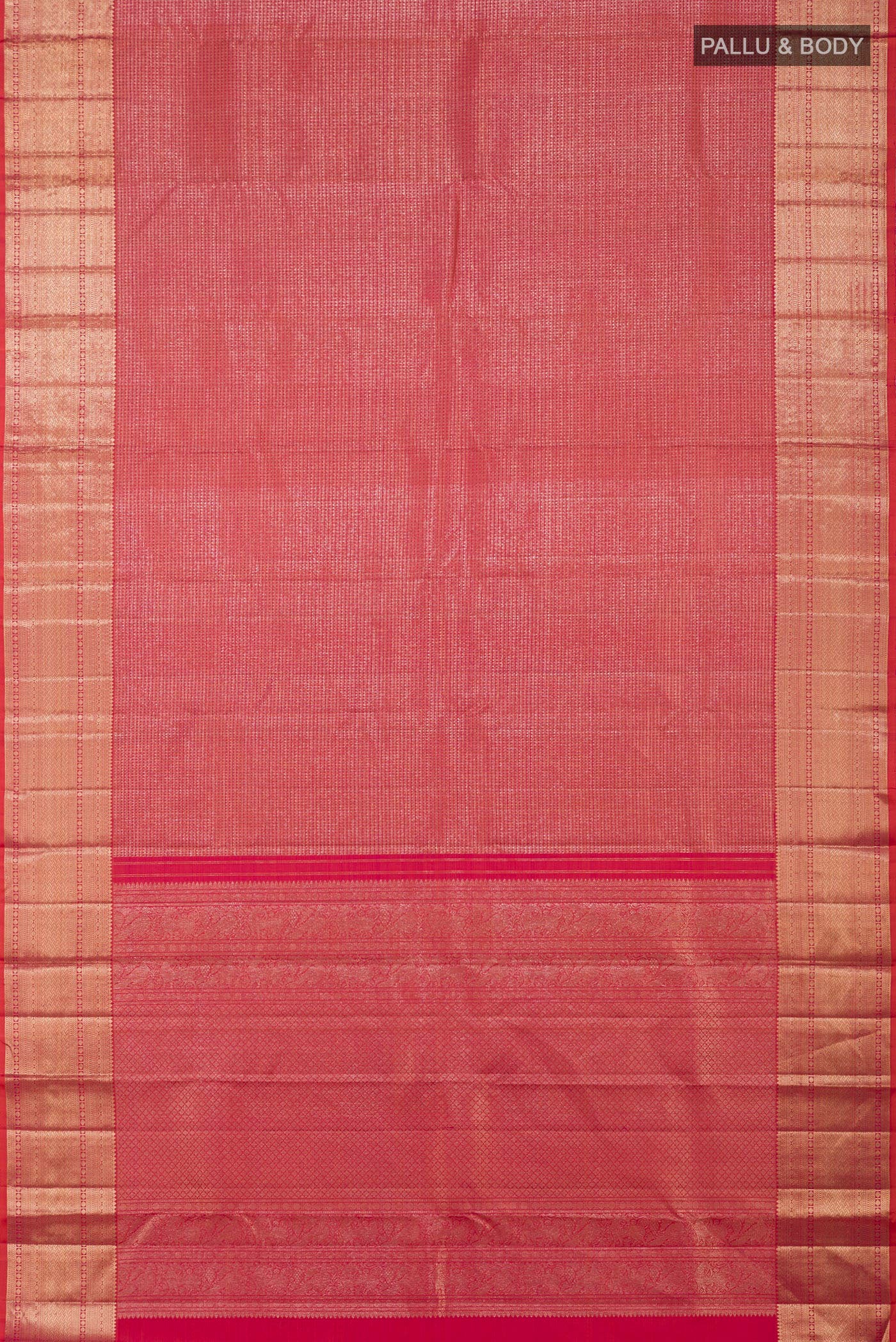 Flat view of Pink Kanchipuram Silk Saree with Zari Brocade on the body and Zari Border. 
