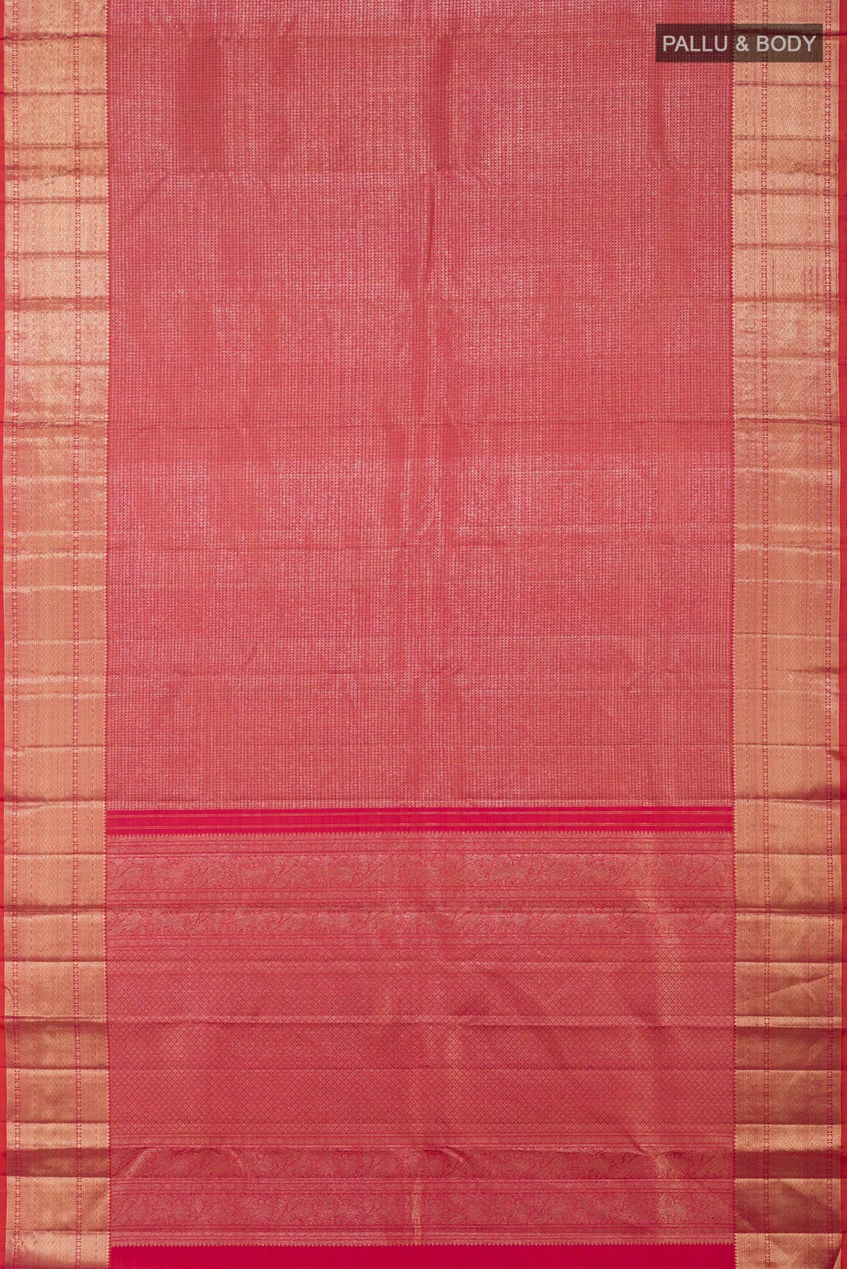 Flat view of Pink Kanchipuram Silk Saree with Zari Brocade on the body and Zari Border. 