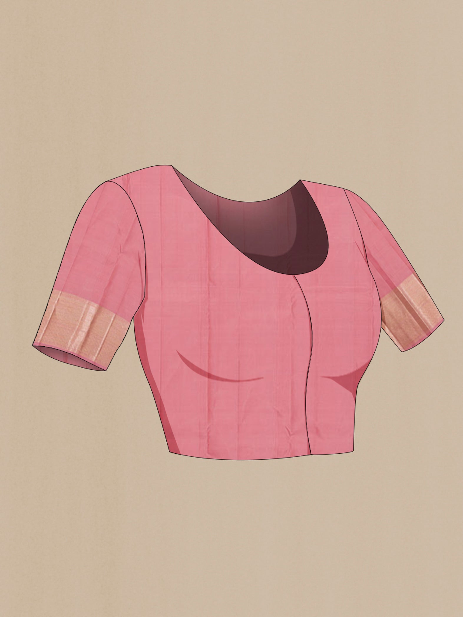 Close up image of the blouse of Pink Kanchipuram Silk Saree with Zari Brocade on the body and Zari Border. 