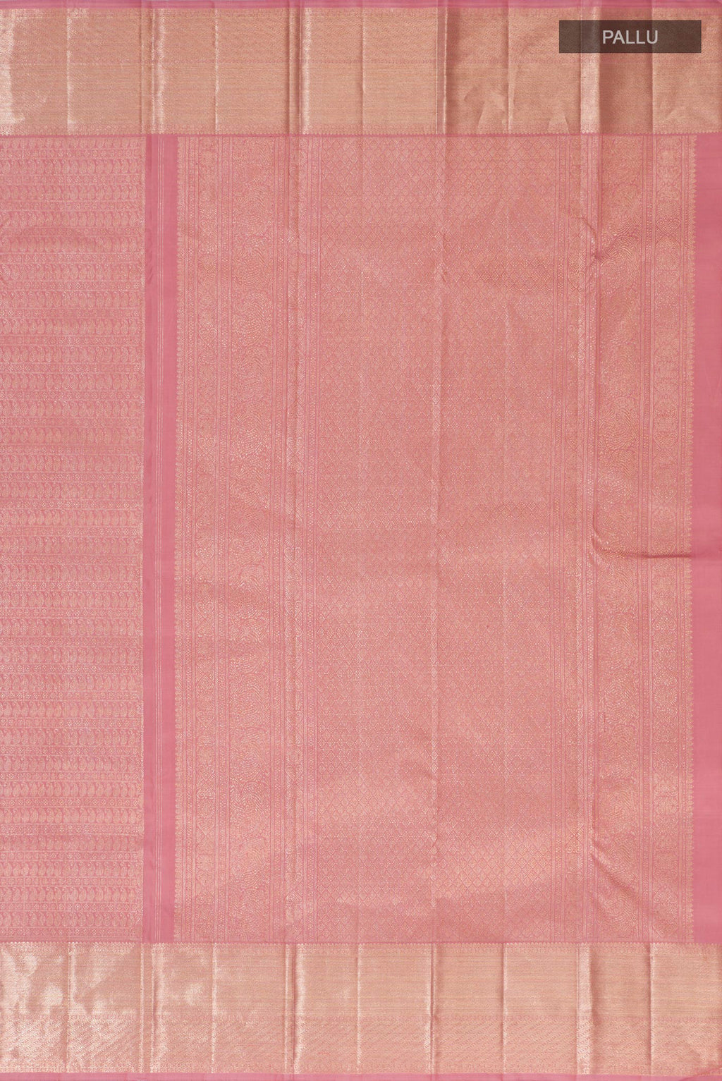 Close up image of the pallu of Pink Kanchipuram Silk Saree with Zari Brocade on the body and Zari Border. 
