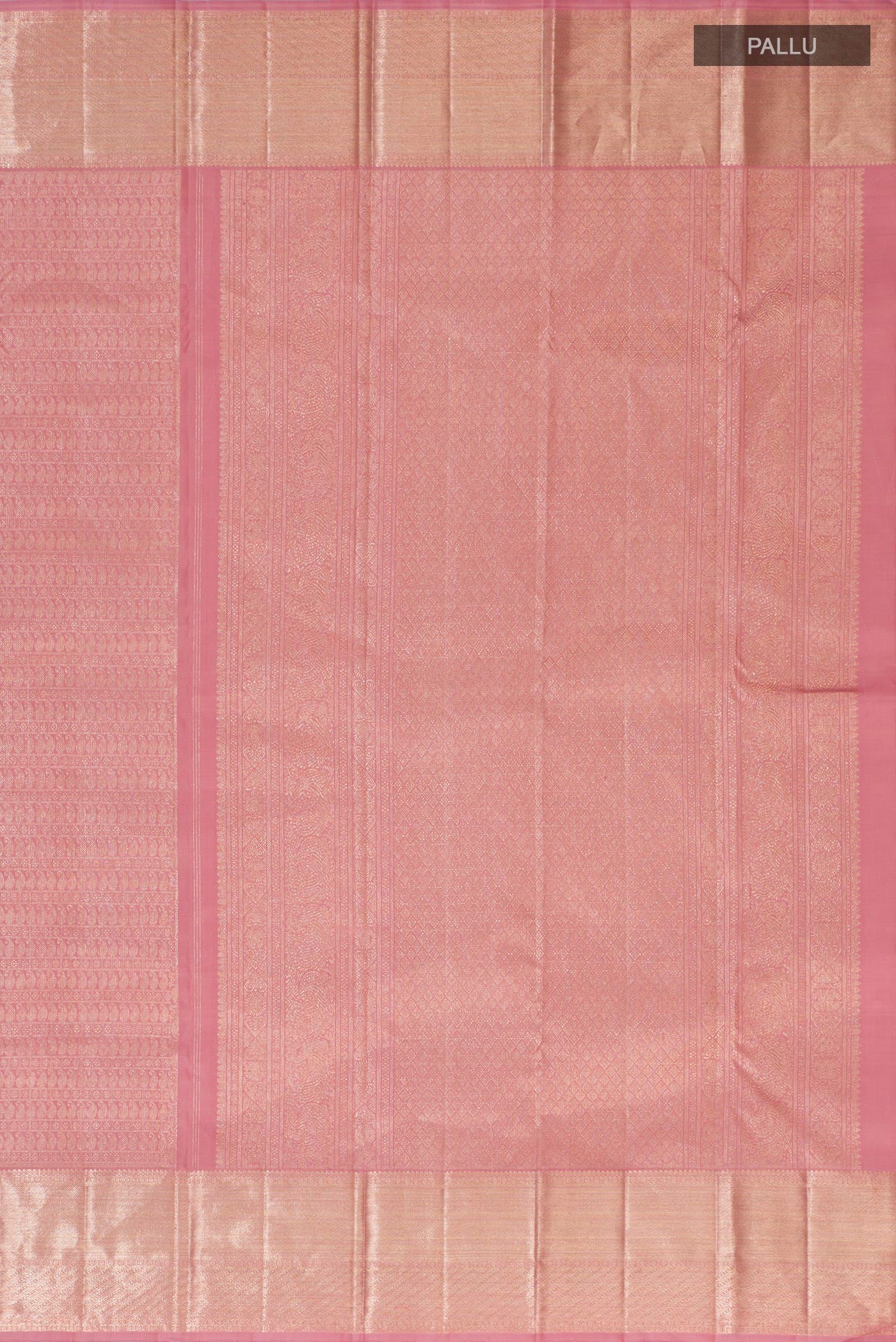 Close up image of the pallu of Pink Kanchipuram Silk Saree with Zari Brocade on the body and Zari Border. 
