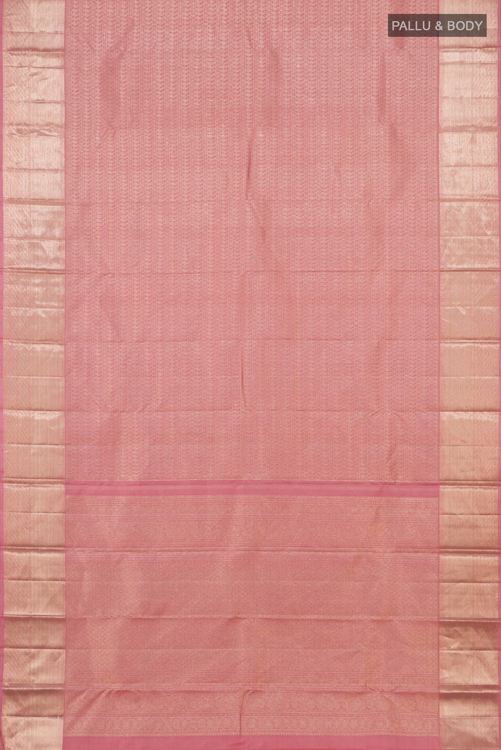 Flat view of Pink Kanchipuram Silk Saree with Zari Brocade on the body and Zari Border. 