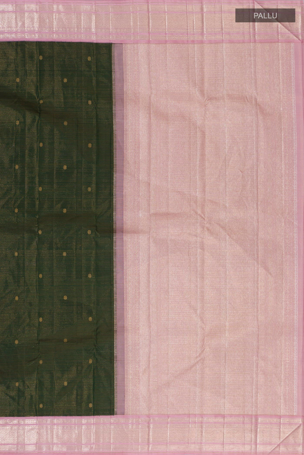 Close up image of the pallu of Bottle Green Kanchipuram Silk Saree with Zari Butta on the body and Zari Border. 