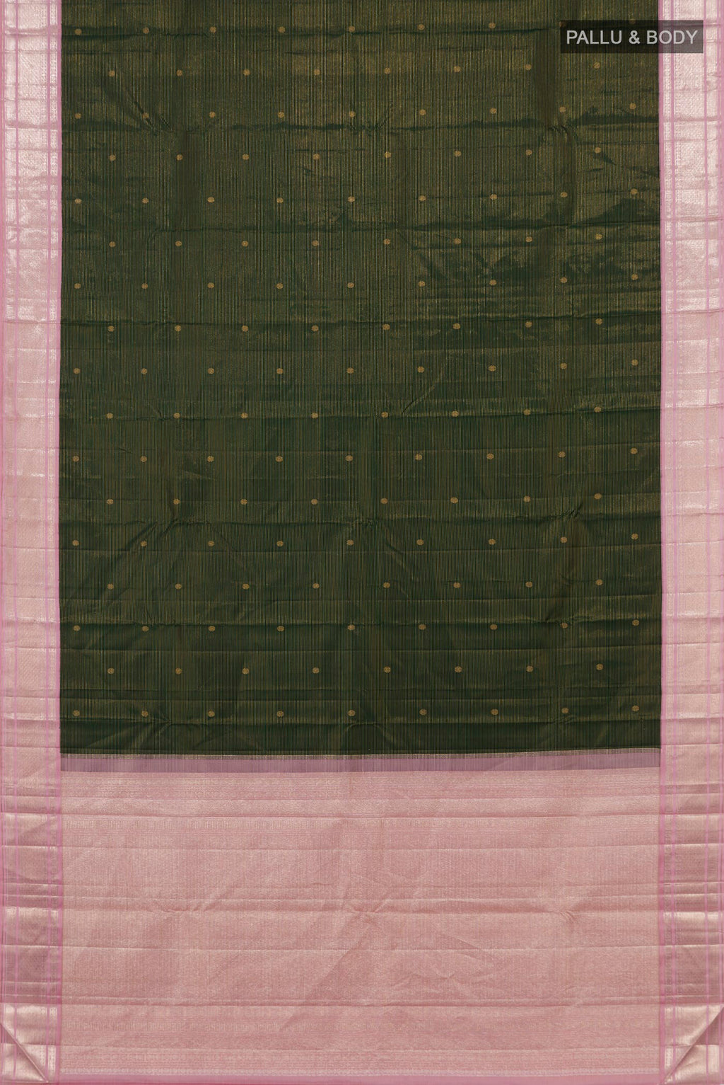 Flat view of Bottle Green Kanchipuram Silk Saree with Zari Butta on the body and Zari Border. 
