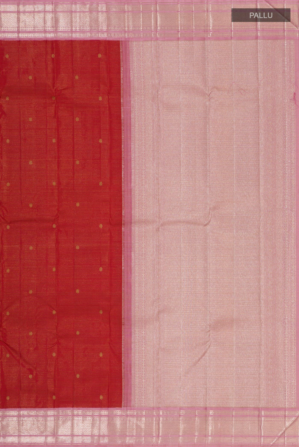 Close up image of the pallu of Red Kanchipuram Silk Saree with Zari Butta on the body and Zari Border. 