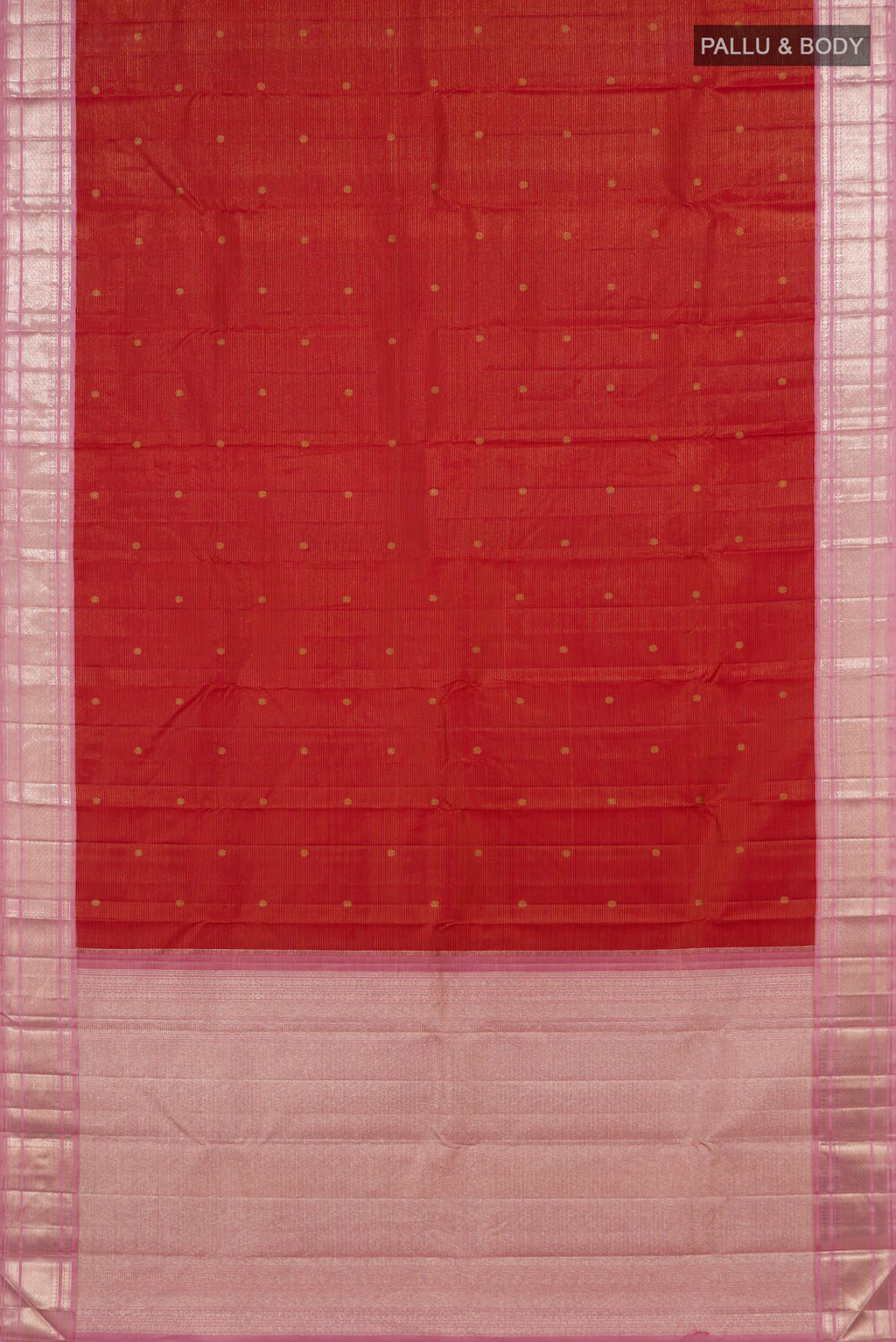 Flat view of Red Kanchipuram Silk Saree with Zari Butta on the body and Zari Border. 