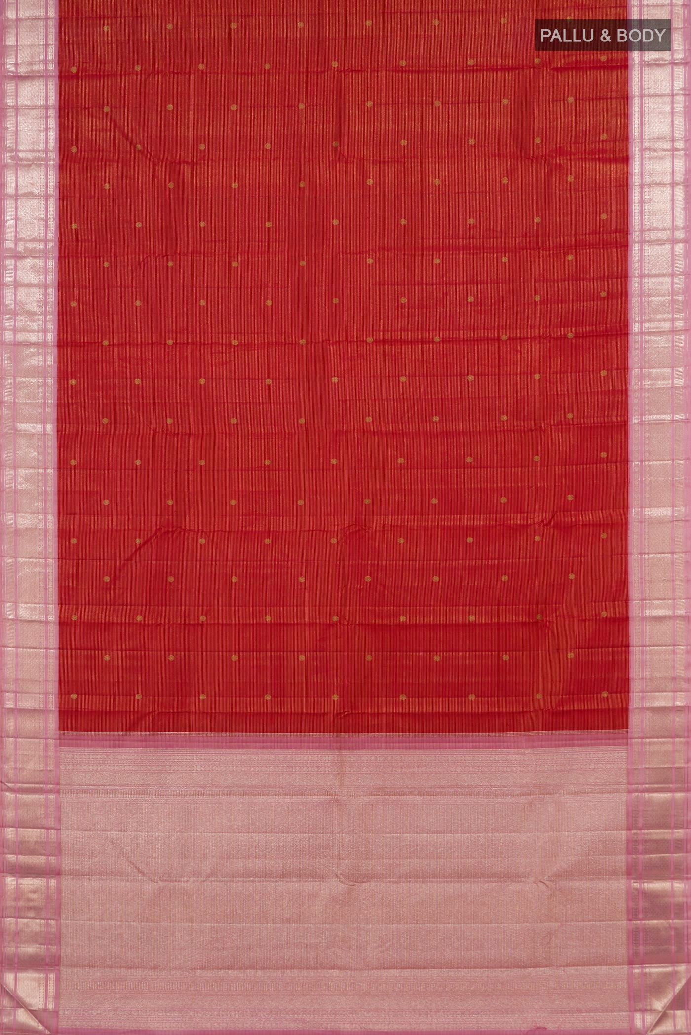 Flat view of Red Kanchipuram Silk Saree with Zari Butta on the body and Zari Border. 