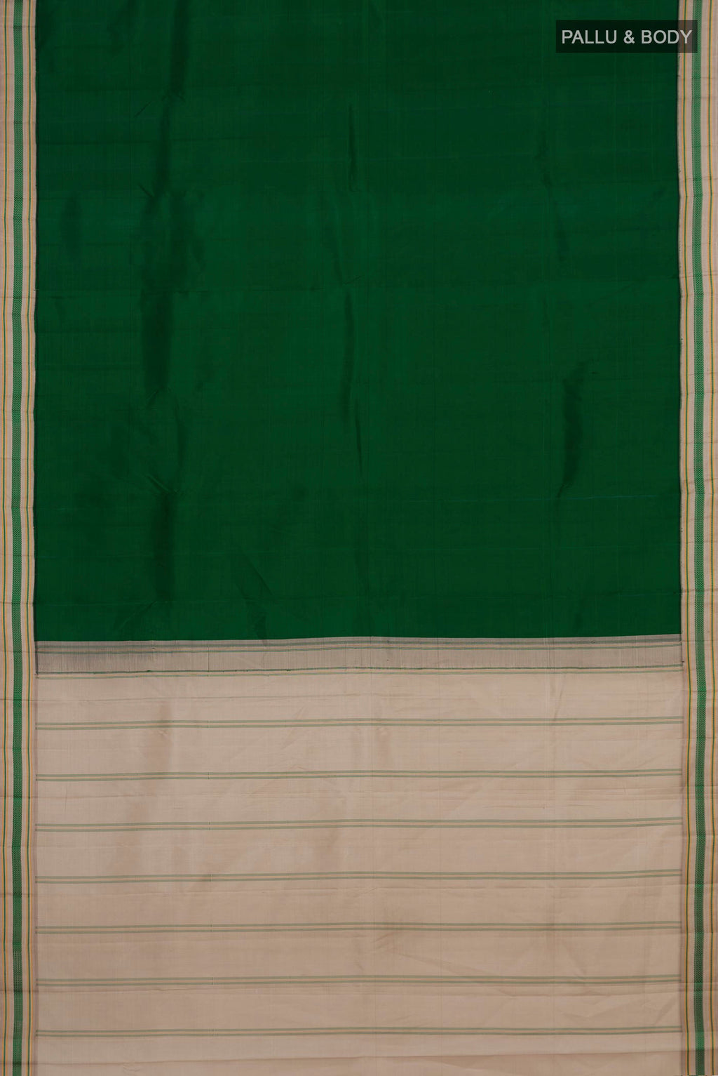 Flat view of Green Kanjivaram Silk Saree with Plain Body and Thread Border. 
