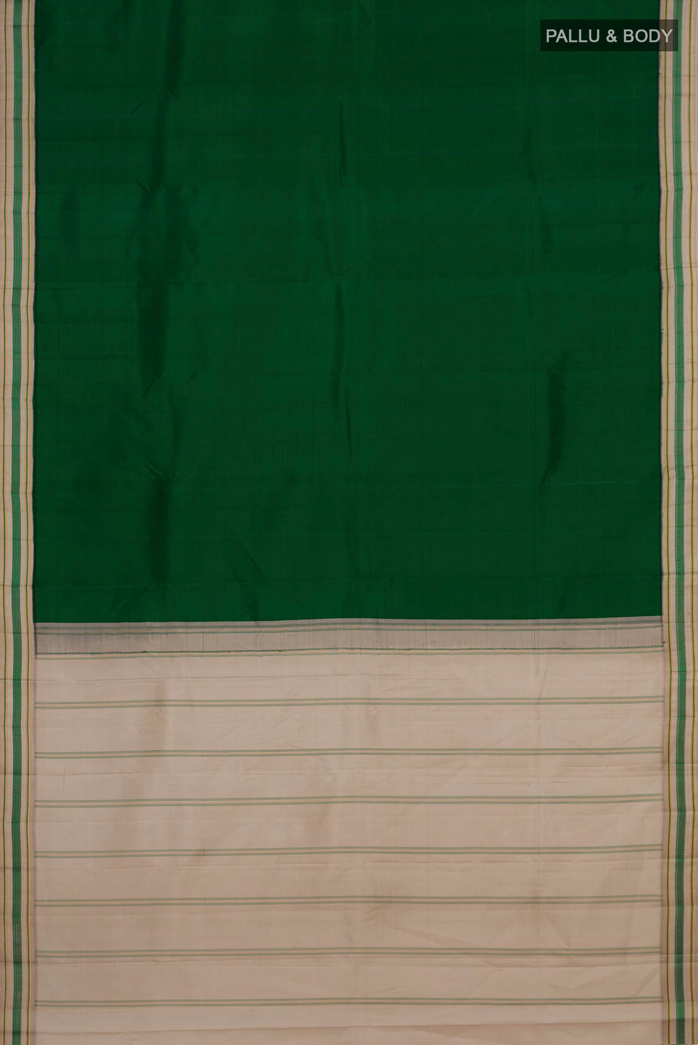 Flat view of Green Kanjivaram Silk Saree with Plain Body and Thread Border. 