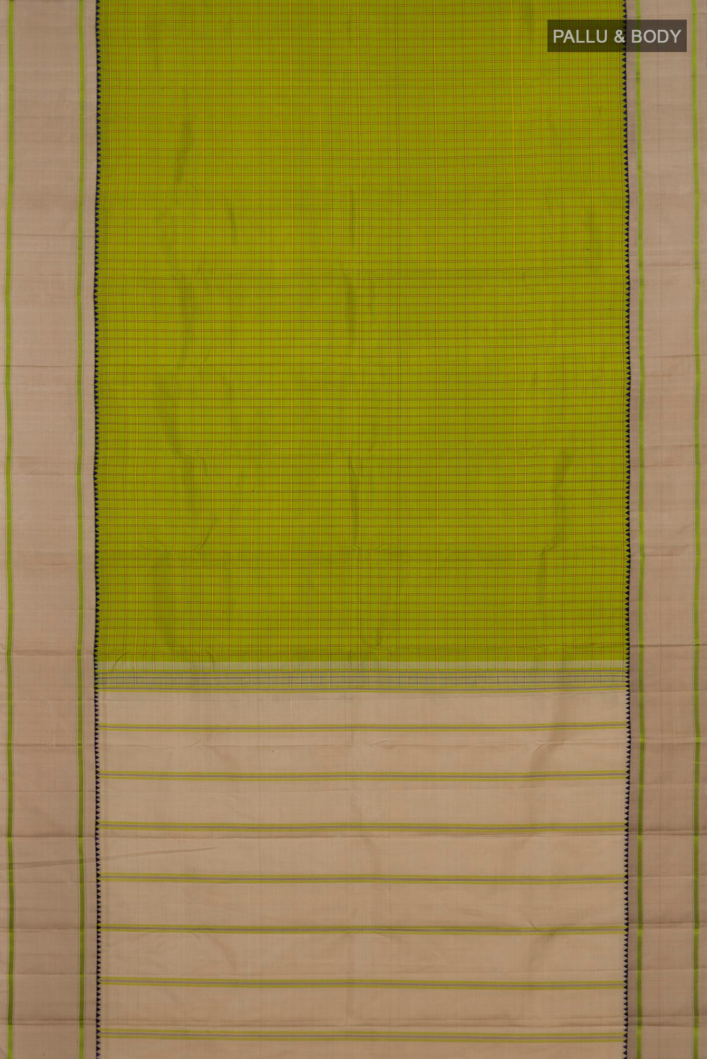 Flat view of Green Kanjivaram Silk Saree with Checked design on the body and Thread Border. 