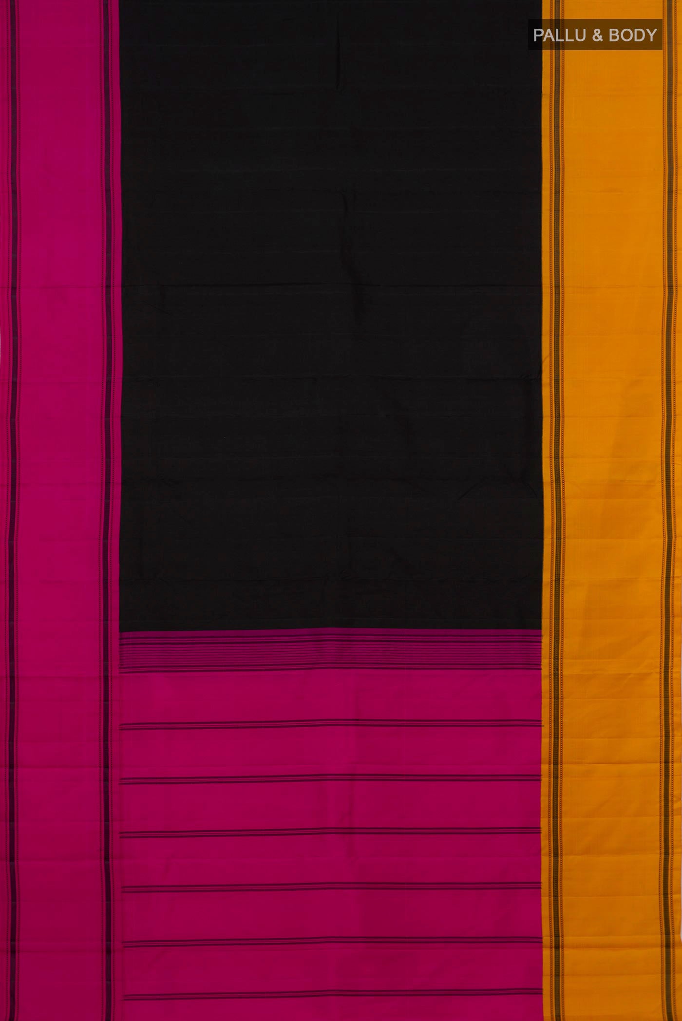 Flat view of Black Kanchipuram Silk Saree with Plain Body and Ganga Jamuna Border. 