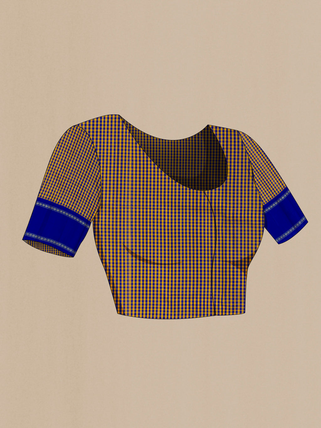 Close up image of the blouse of Green Kanchipuram Silk Saree with Checked design on the body and Ganga Jamuna Border. 