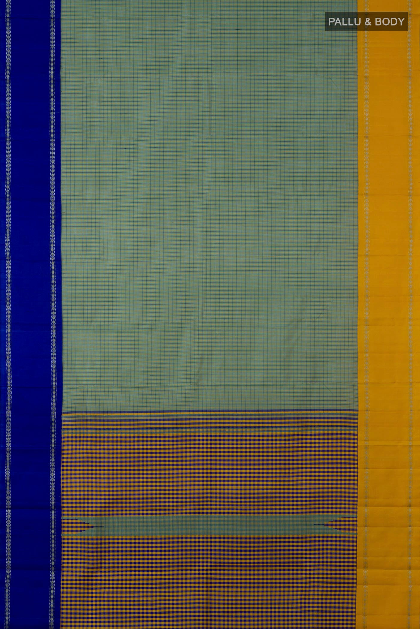 Flat view of Green Kanchipuram Silk Saree with Checked design on the body and Ganga Jamuna Border. 