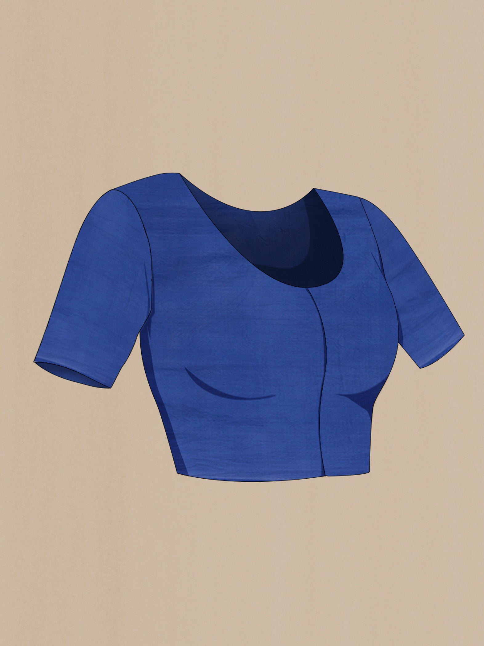 Close up image of the blouse of Royal Blue Tussar Silk Saree with Printed design on the body and Printed Border. 