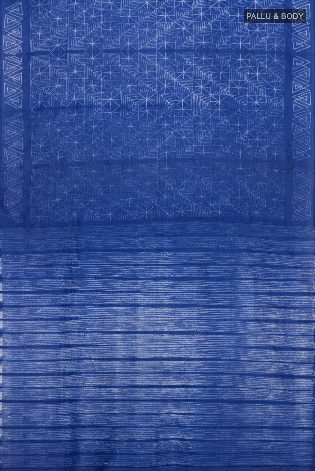 Flat view of Royal Blue Tussar Silk Saree with Printed design on the body and Printed Border. 