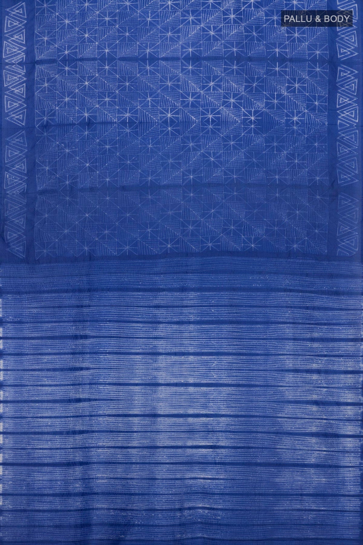 Flat view of Royal Blue Tussar Silk Saree with Printed design on the body and Printed Border. 