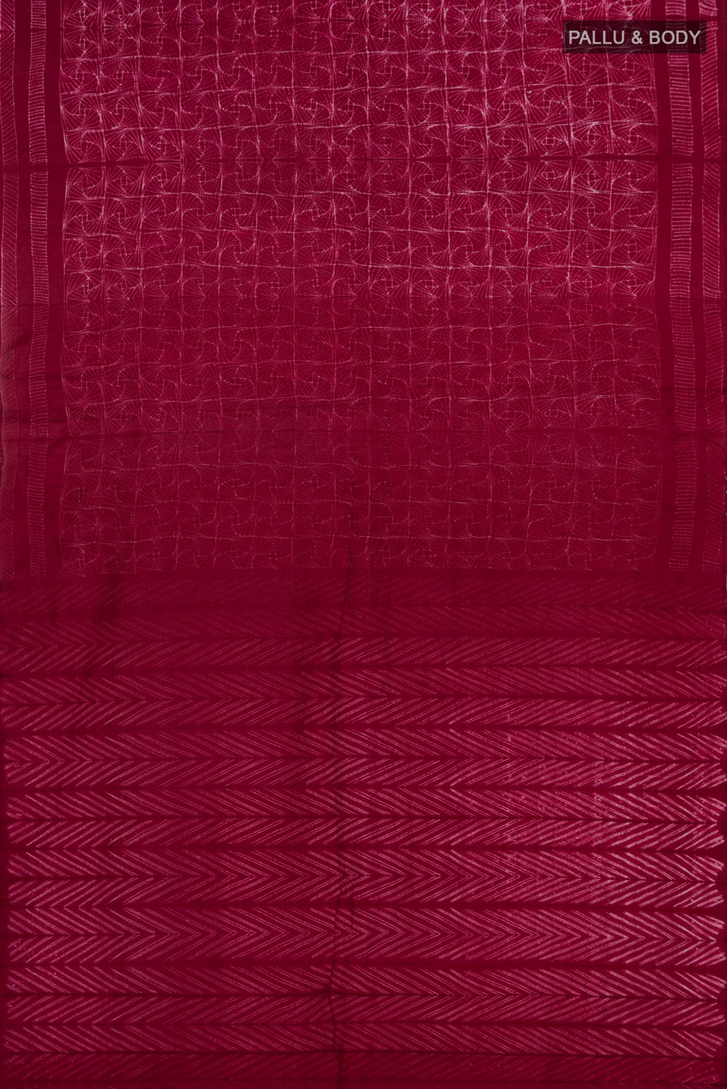 Flat view of Maroon Tussar Silk Saree with Printed design on the body and Printed Border. 