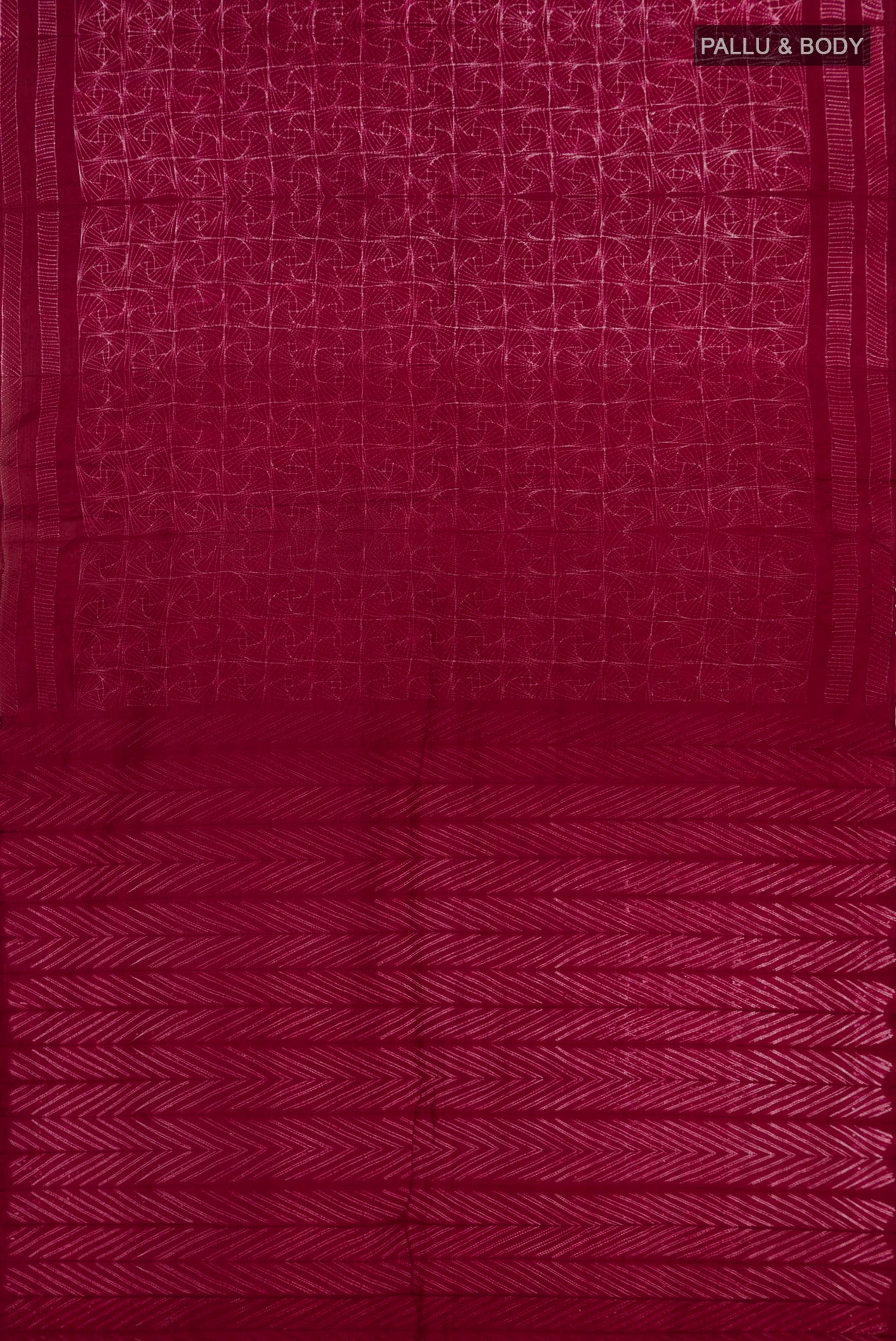 Flat view of Maroon Tussar Silk Saree with Printed design on the body and Printed Border. 