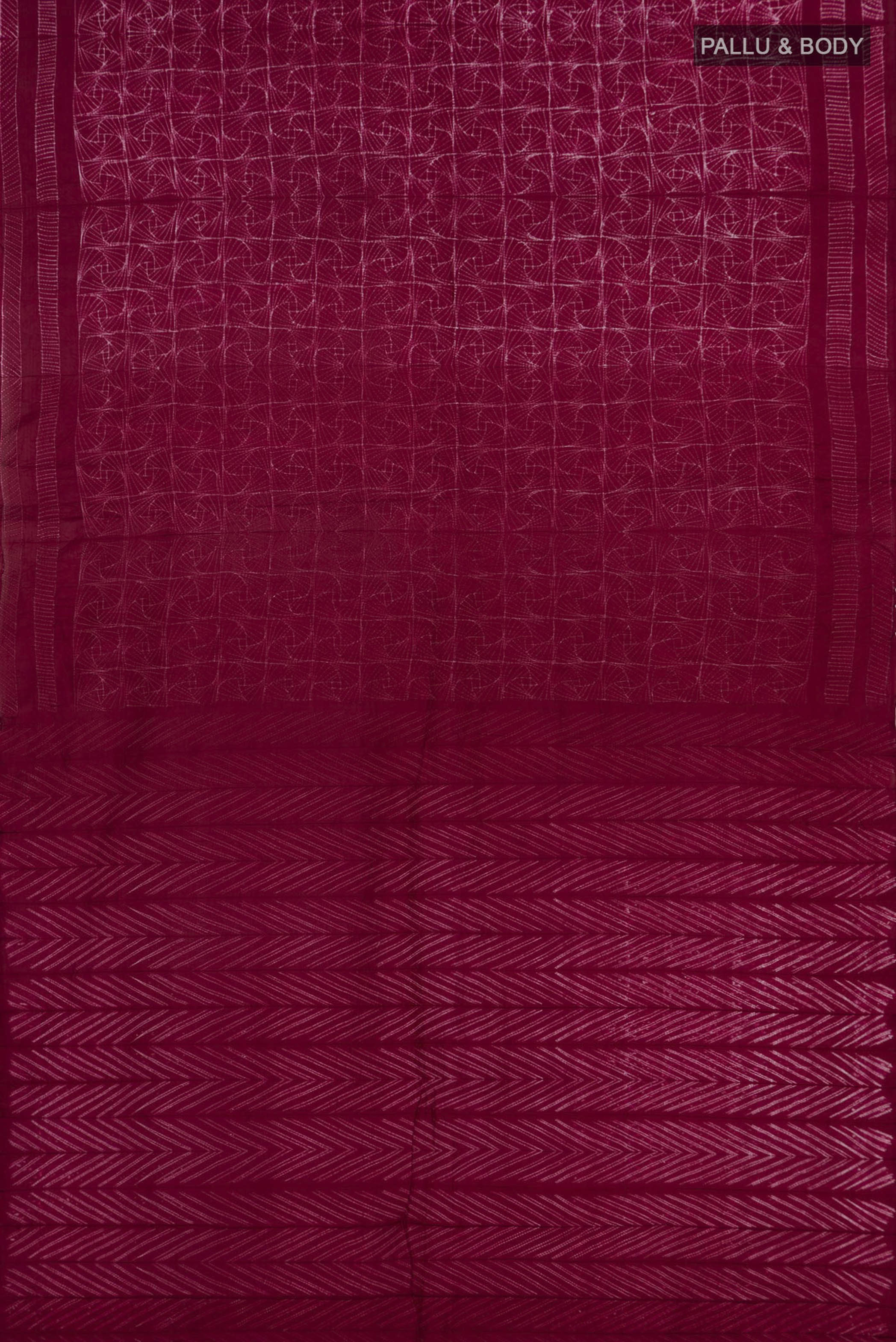 Flat view of Maroon Tussar Silk Saree with Printed design on the body and Printed Border. 