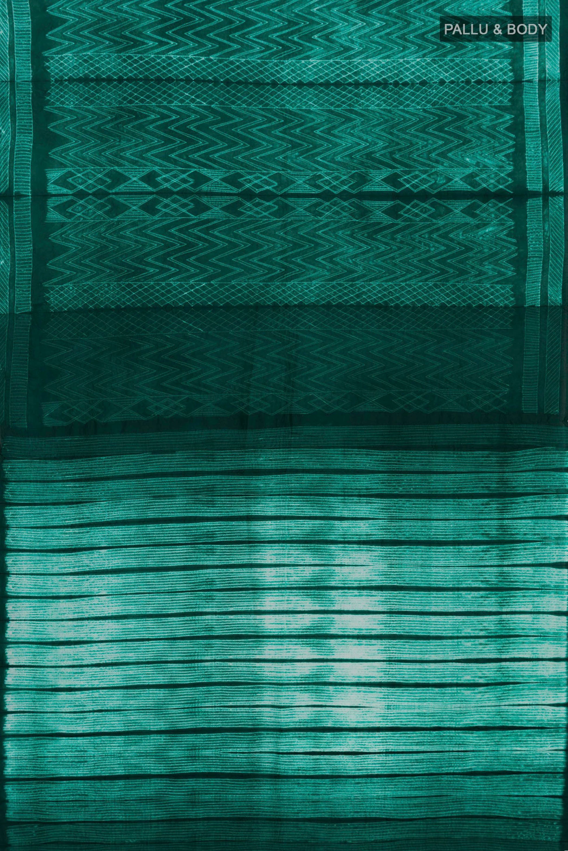 Flat view of Green Tussar Silk Saree with Printed design on the body and Printed Border. 
