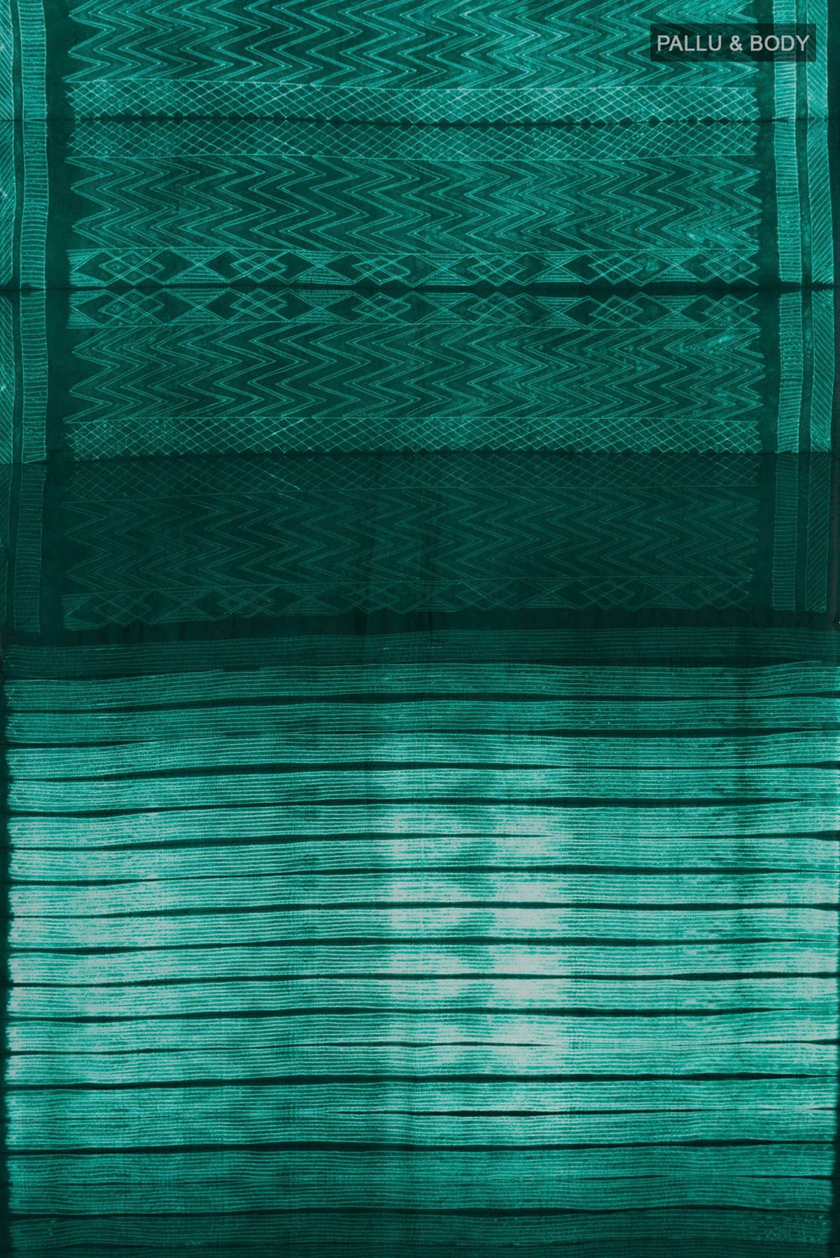Flat view of Green Tussar Silk Saree with Printed design on the body and Printed Border. 