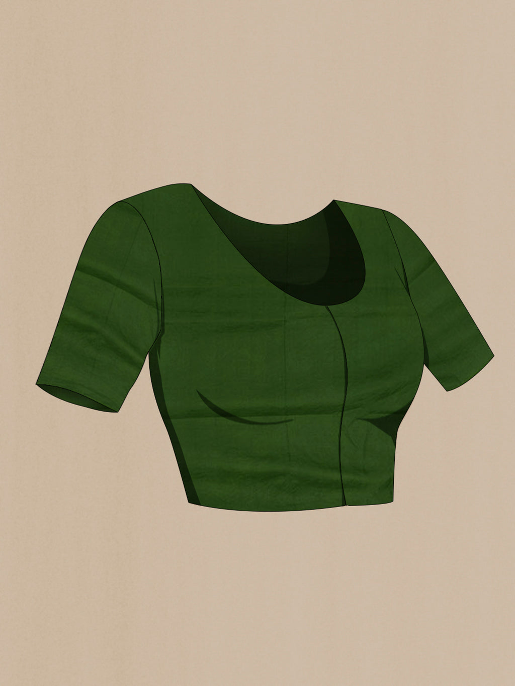 Close up image of the blouse of Green Tussar Silk Saree with Printed design on the body and Plain Border. 