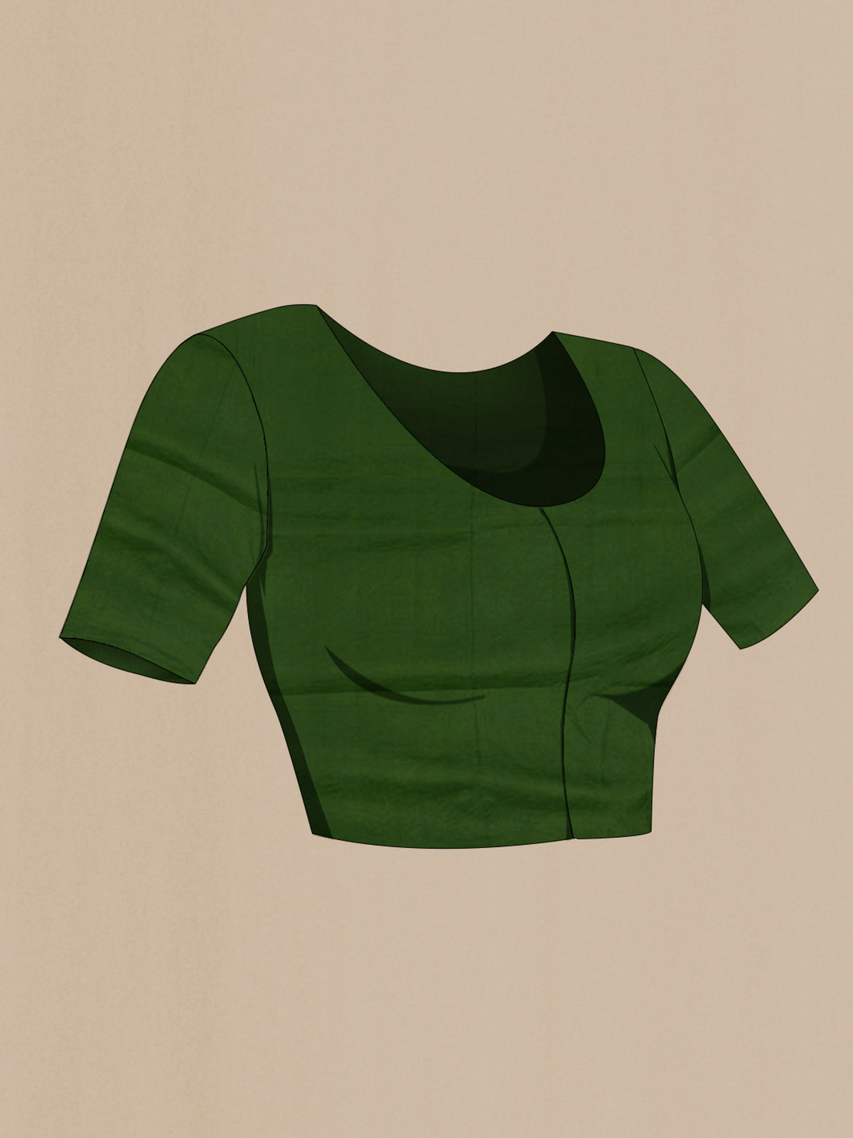 Close up image of the blouse of Green Tussar Silk Saree with Printed design on the body and Plain Border. 