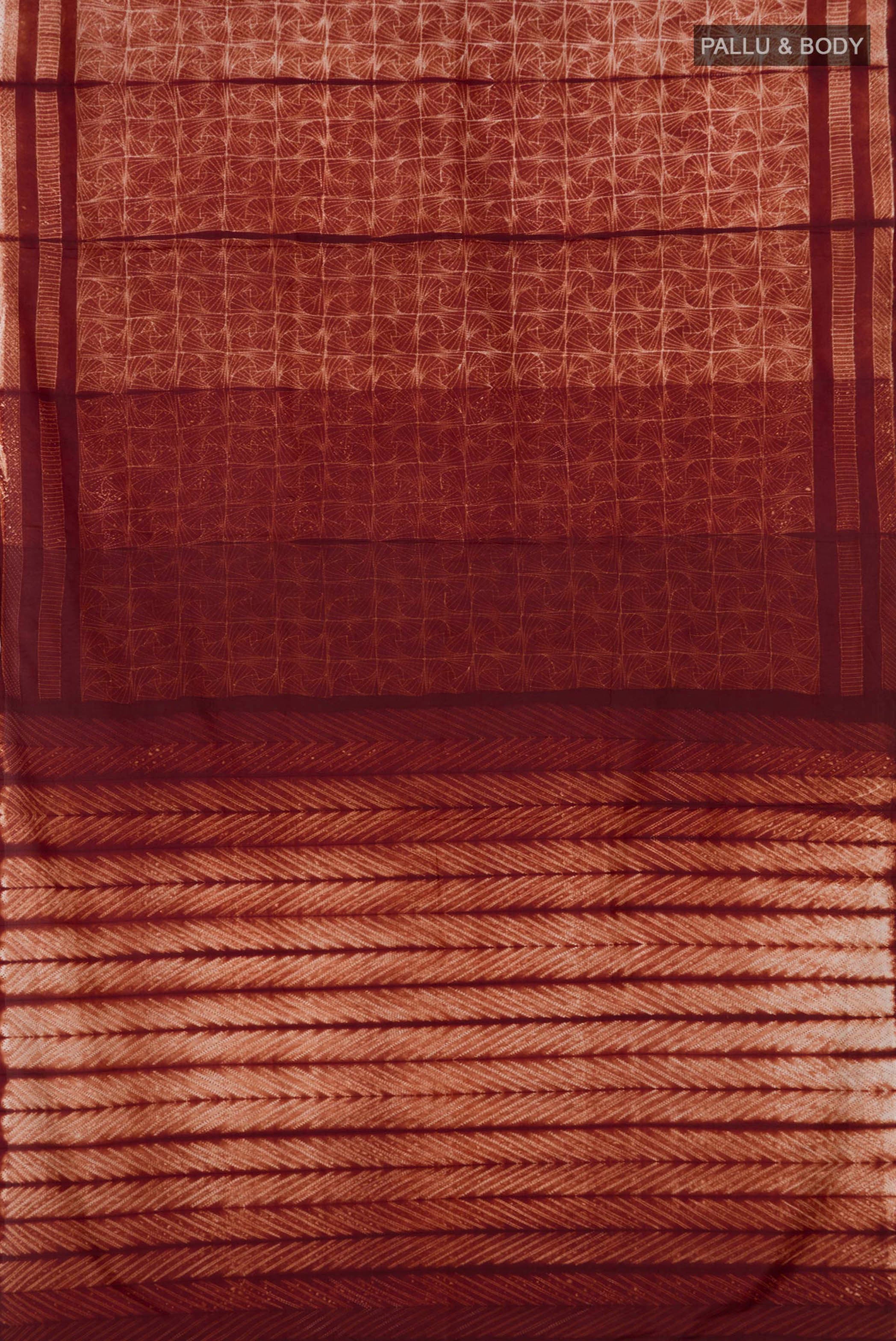 Flat view of Brown Tussar Silk Saree with Printed design on the body and Without Border. 