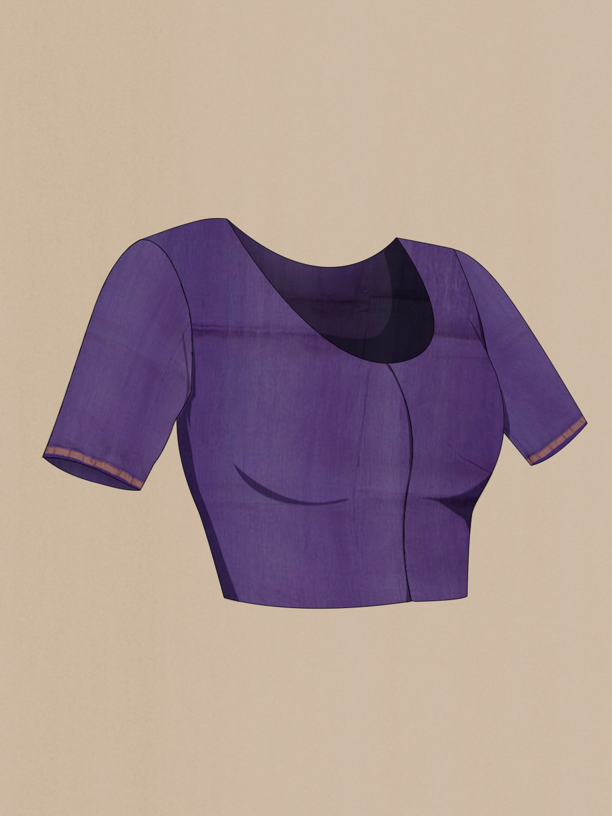 Close up image of the blouse of Violet Chanderi Silk Cotton Saree with Printed design on the body and Thin Zari Line. 