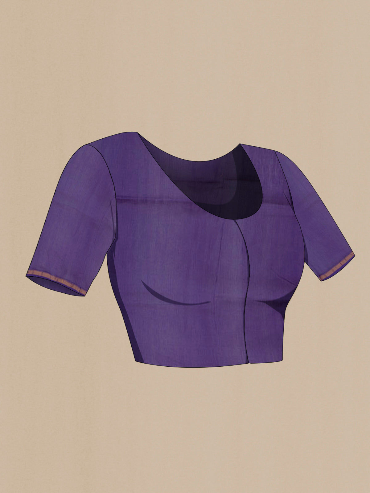 Close up image of the blouse of Violet Chanderi Silk Cotton Saree with Printed design on the body and Thin Zari Line. 