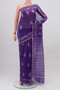 Violet Chanderi Silk Cotton Saree with Printed design on the body and Thin Zari Line.  displayed on a mannequin