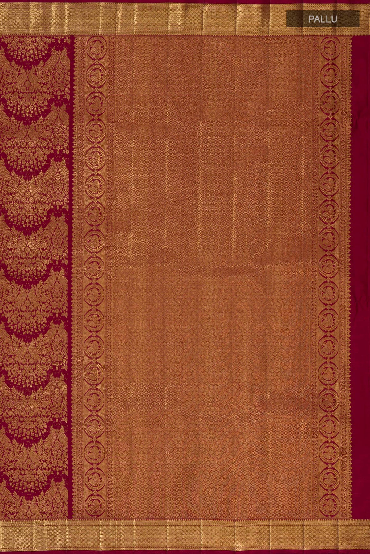 Close up image of the pallu of Pure Silk Maroon Kanchipuram Saree with Zari Brocade on the body and Zari Border. 