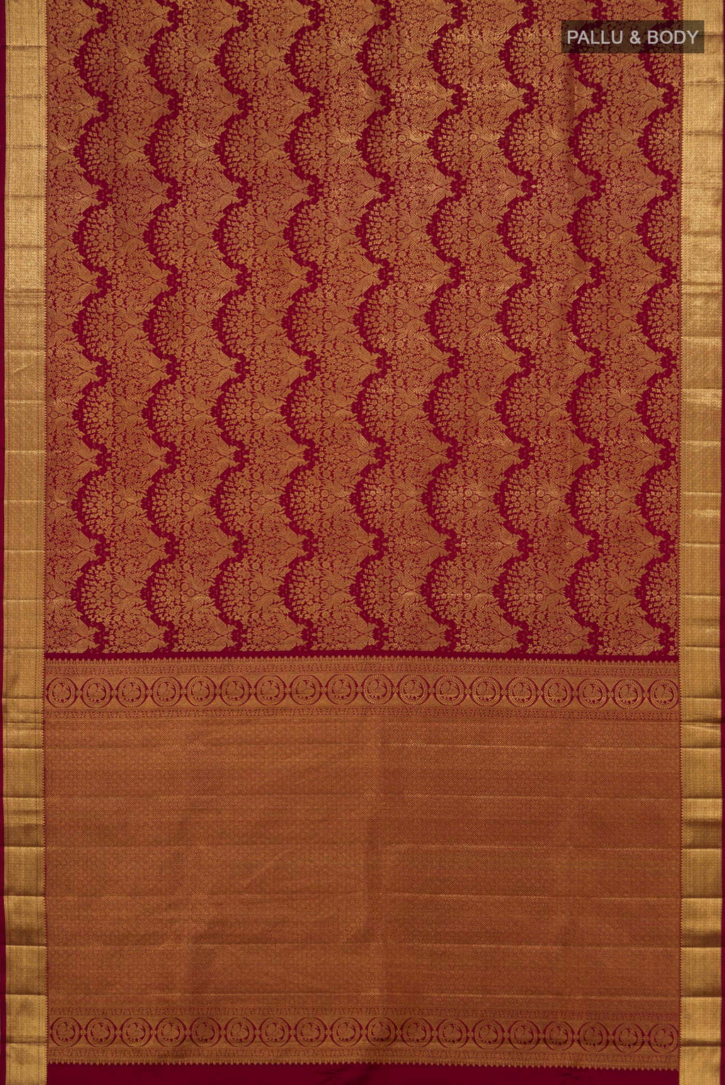 Flat view of Pure Silk Maroon Kanchipuram Saree with Zari Brocade on the body and Zari Border. 