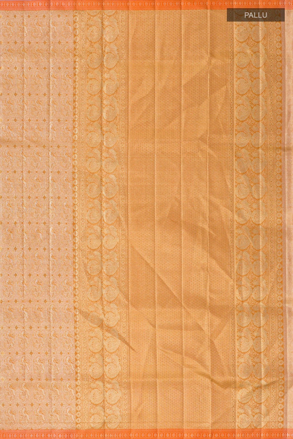 Close up image of the pallu of Golden Dual Tone Kanjivaram Silk Saree with Zari Brocade on the body and Thin Zari Line. 
