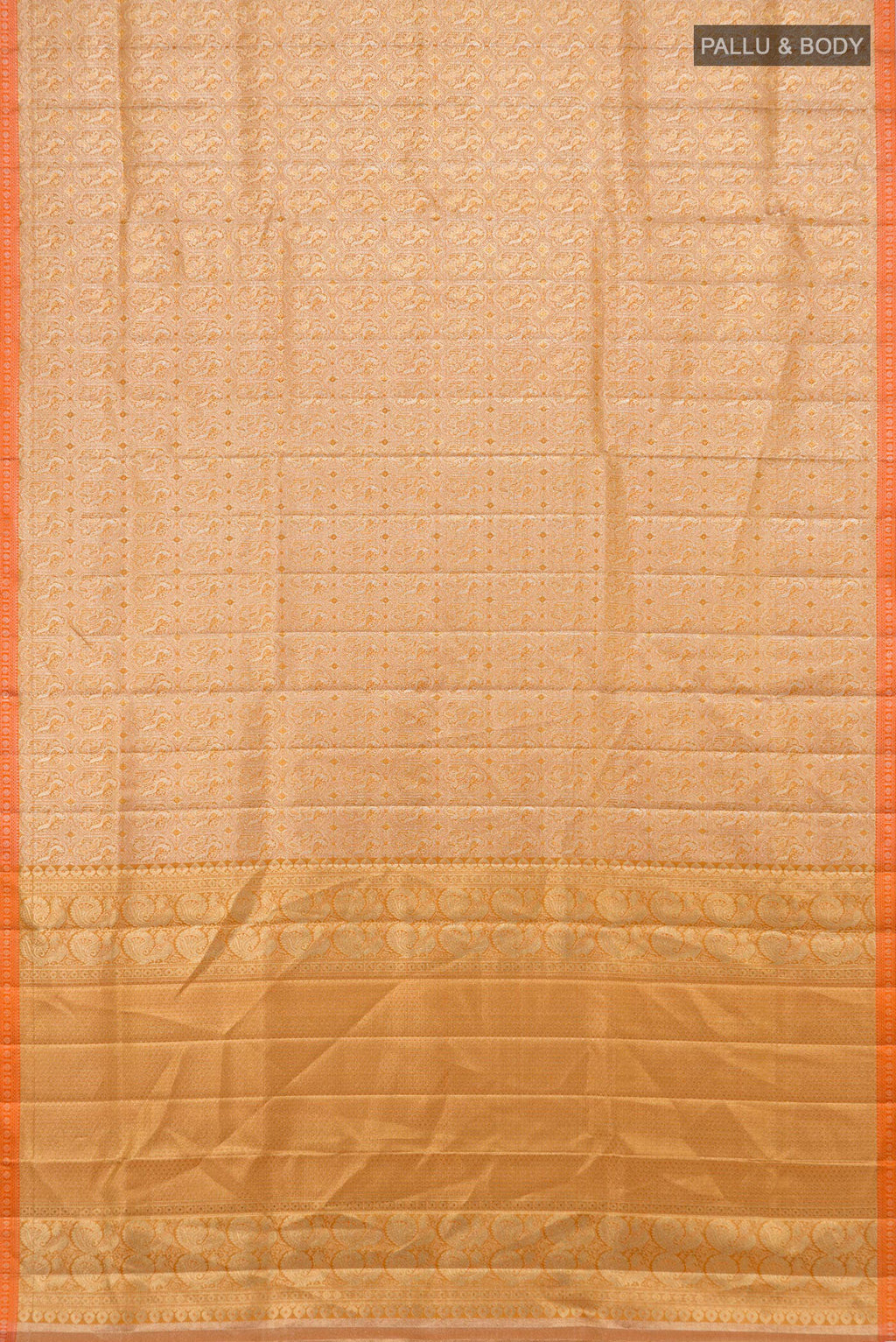Flat view of Golden Dual Tone Kanjivaram Silk Saree with Zari Brocade on the body and Thin Zari Line. 