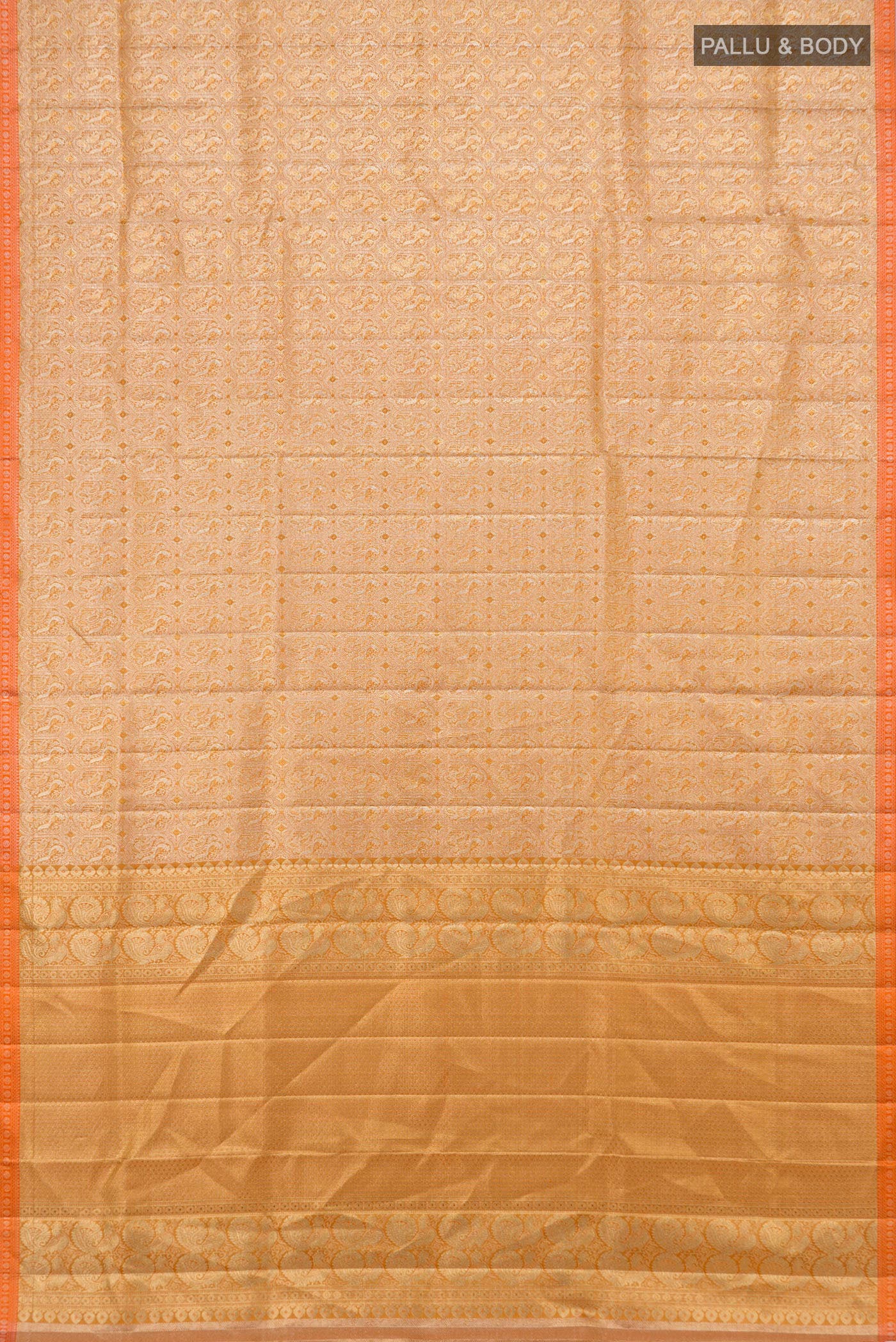 Flat view of Golden Dual Tone Kanjivaram Silk Saree with Zari Brocade on the body and Thin Zari Line. 