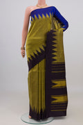 Mehandi Green Kanjivaram Silk Saree with Plain Body and Ganga Jamuna Border.  displayed on a mannequin