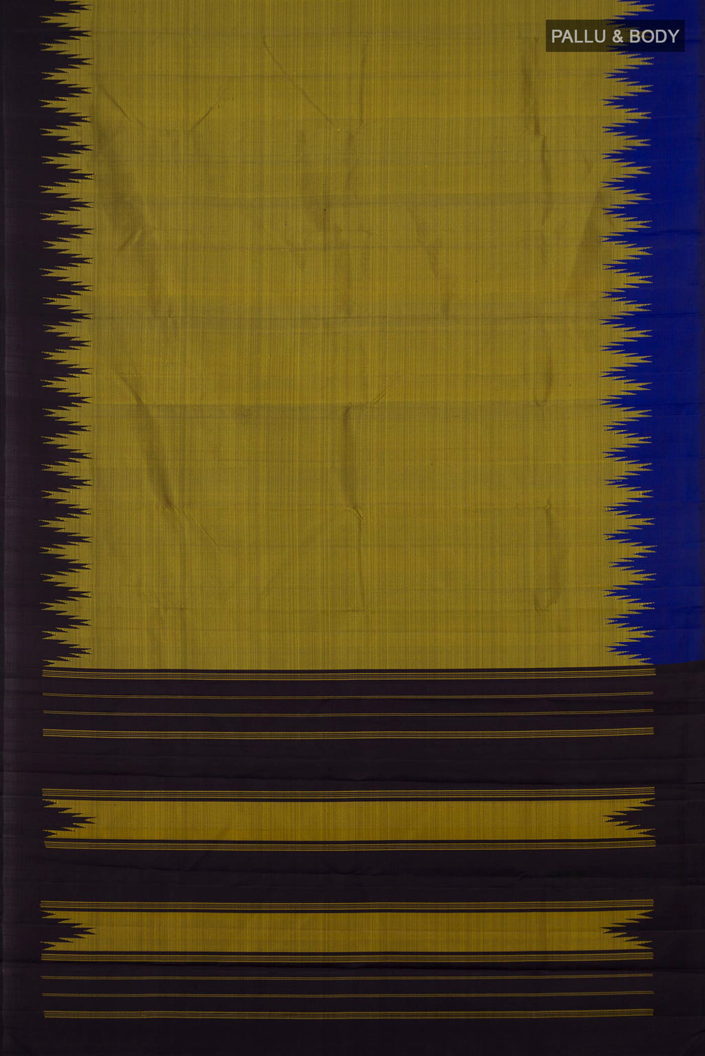 Flat view of Mehandi Green Kanjivaram Silk Saree with Plain Body and Ganga Jamuna Border. 